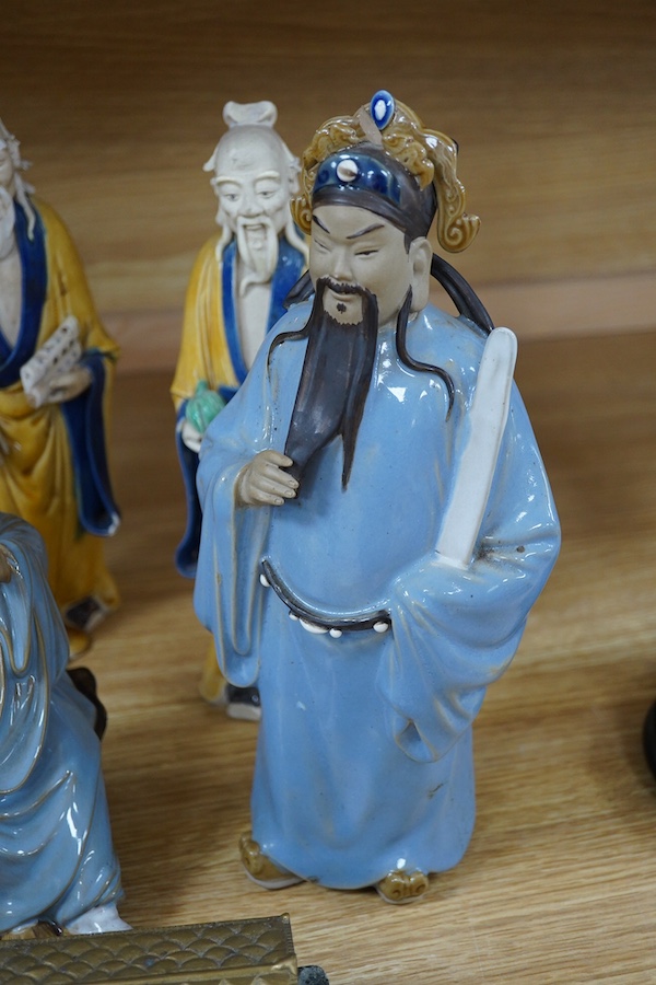 Four Chinese Sage figures and a metal model of the Parthenon, tallest 32cm. Condition - fair